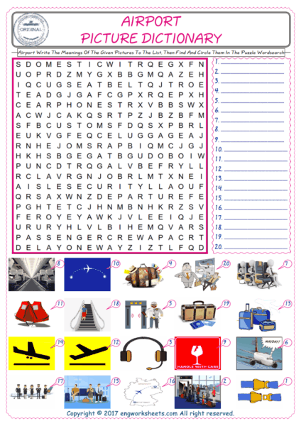  For kids, check the picture of Airport find, and write the word and find it in the word puzzle ESL printable worksheet. 